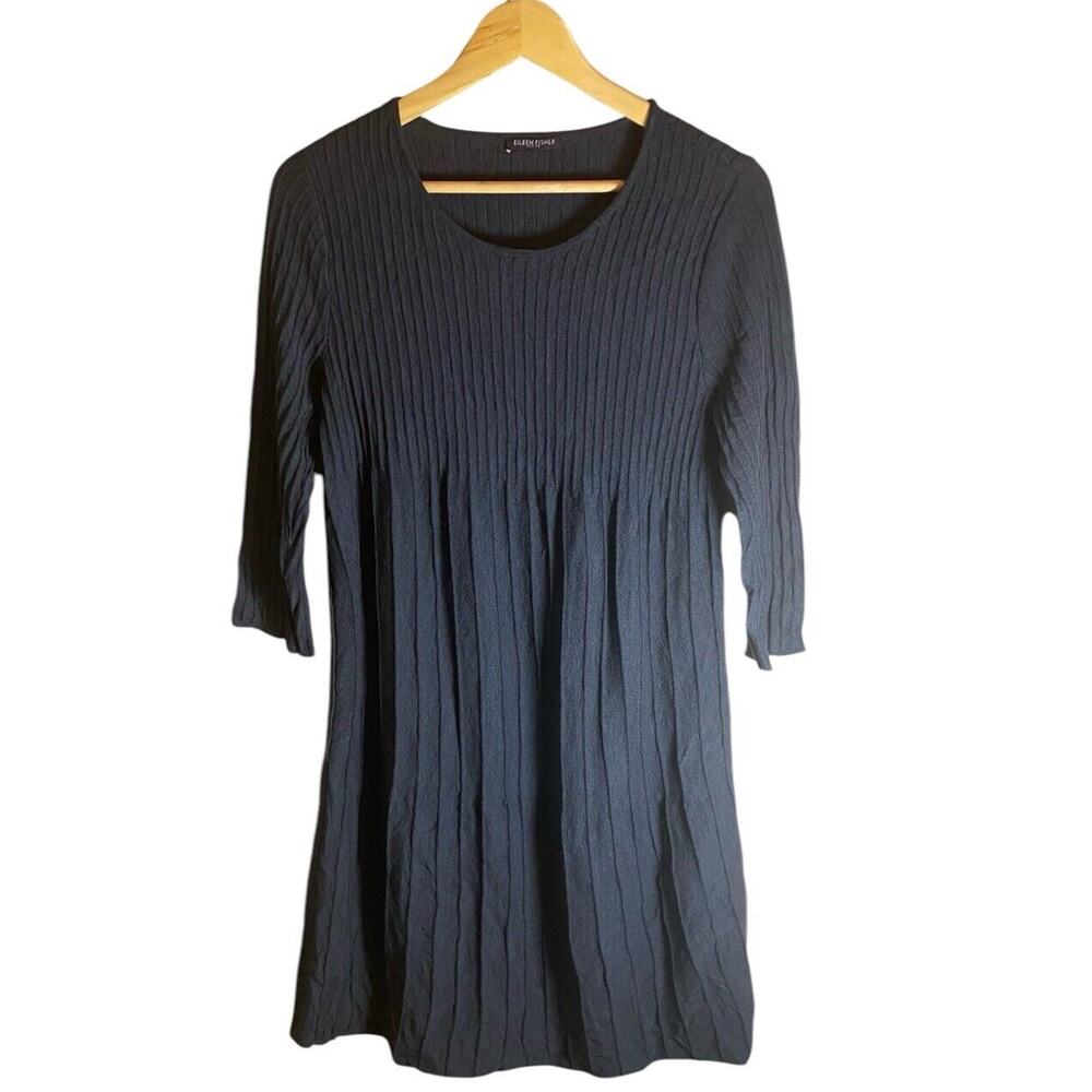 Eileen Fisher Black Ribbed Pleated 100% Wool 3/4 Sleeve Dress Size PS